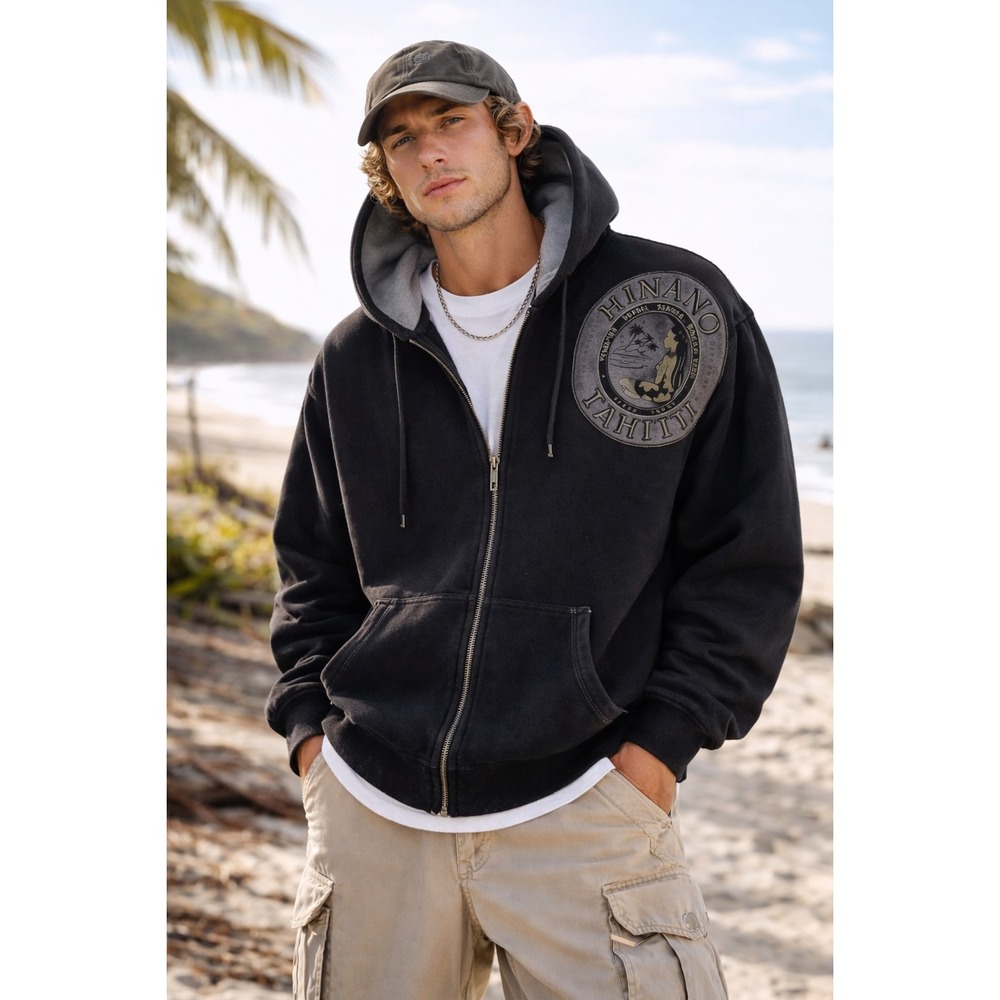 Hinano Tahiti Hoodie 2XL Black Full Zip Y2K Surf South Pacific Big Patch Logo